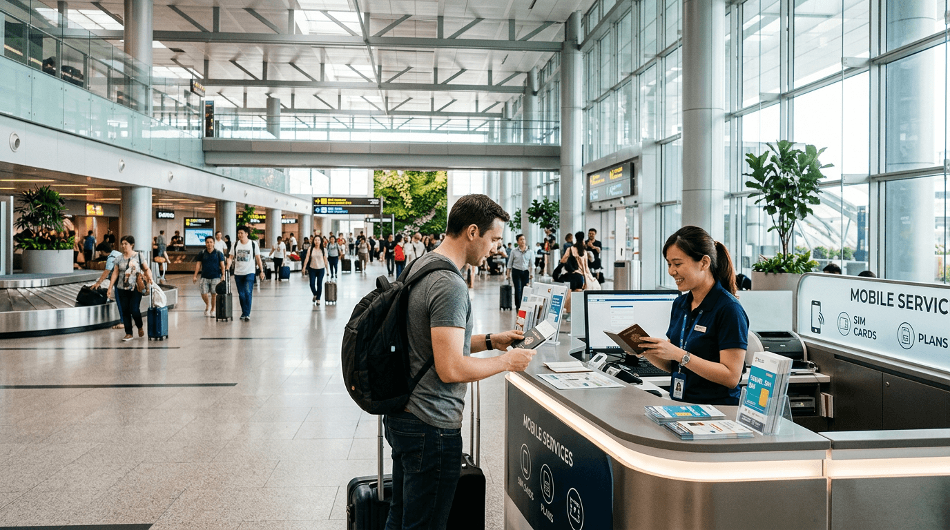Mobile phone shop counter in the arrivals hall at Changi Airport