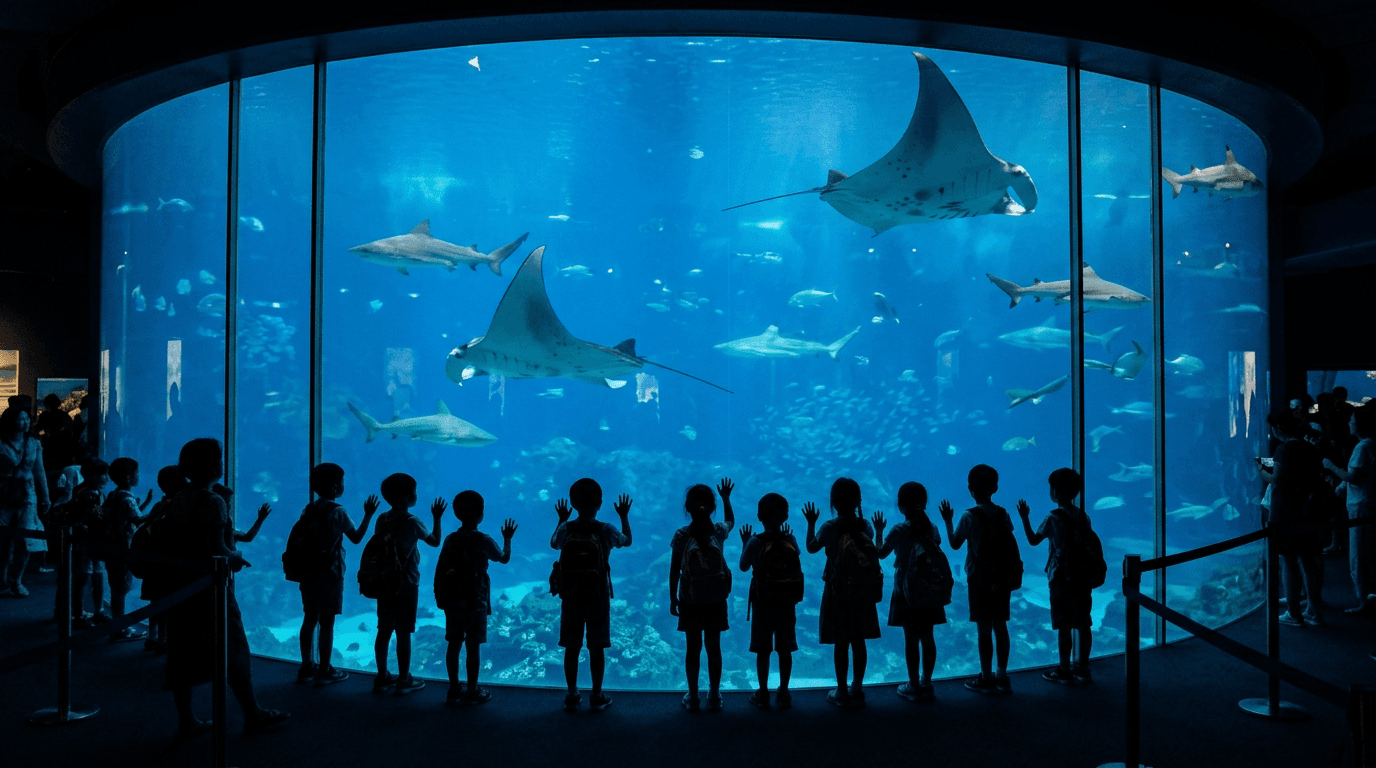 Children silhouetted against a huge aquarium panel with manta rays and sharks
