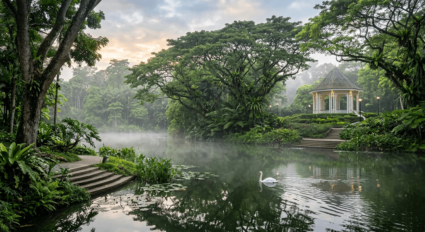 Misty lake with a swan under giant rain trees at the Singapore Botanic Gardens