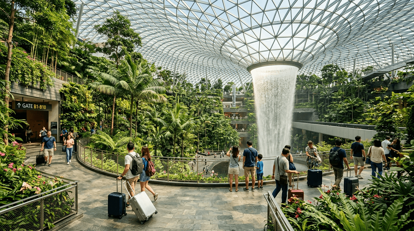 Changi Airport terminal interior with lush indoor tropical garden