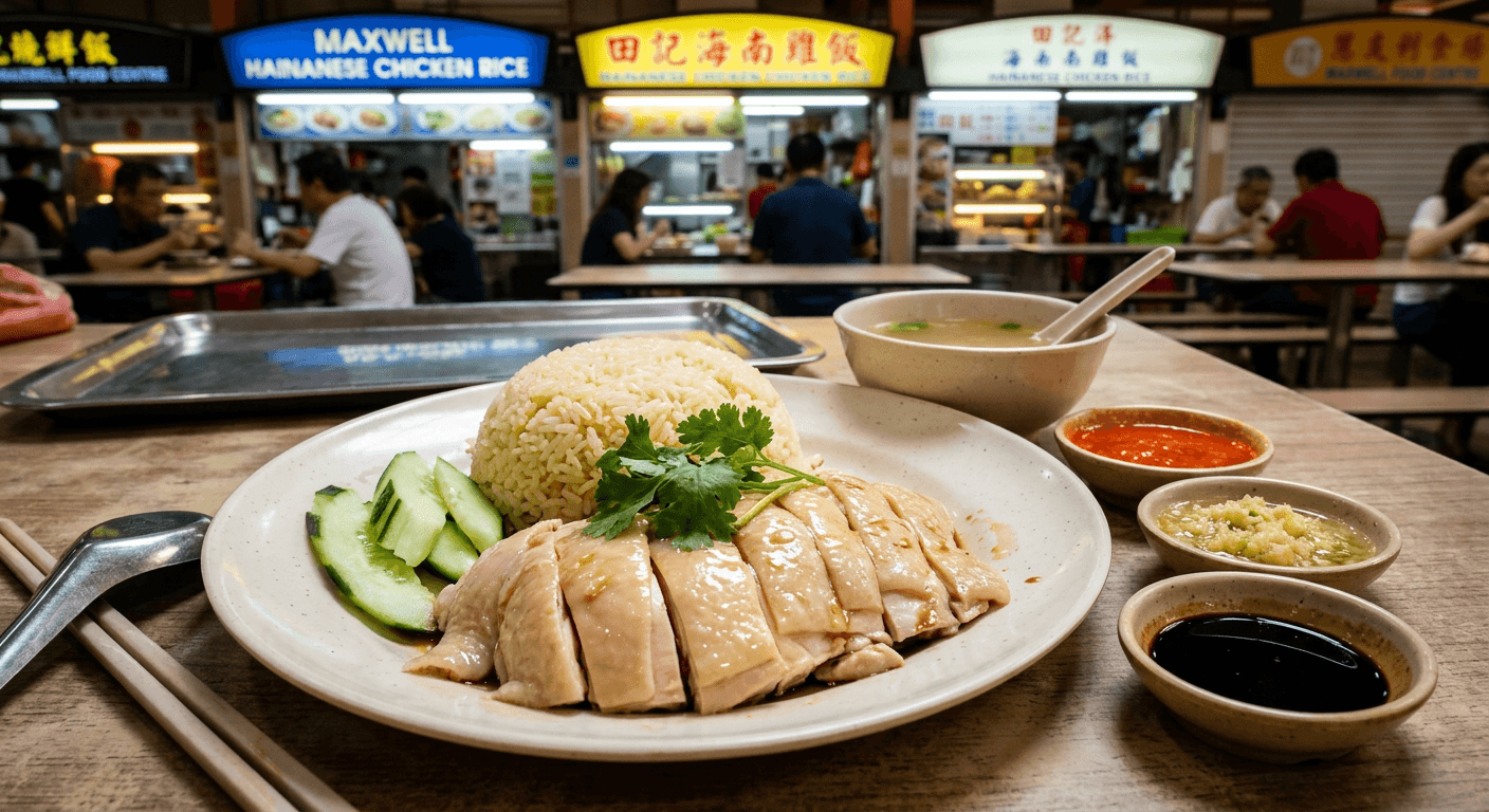 Plate of Hainanese chicken rice with sliced chicken and dipping sauces