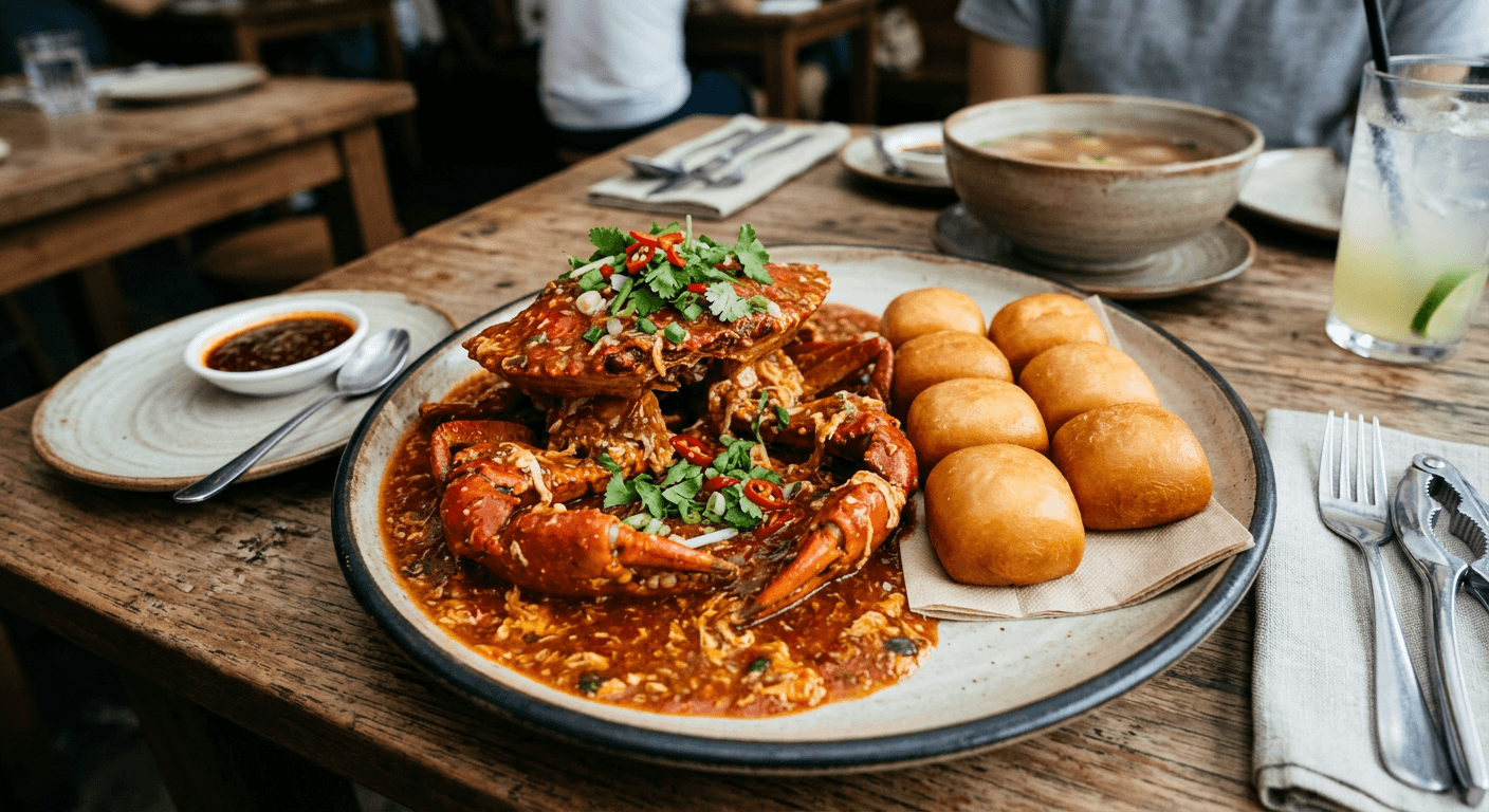 Singapore chilli crab in red sauce with fried buns