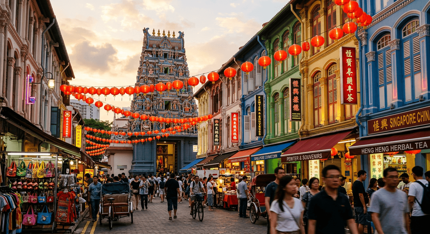 Chinatown shophouses with lanterns