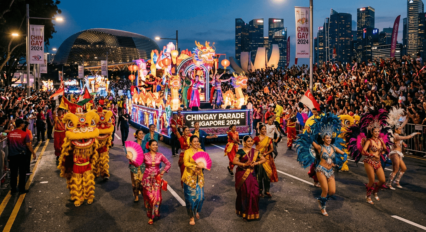 Performers in vivid costumes at the Chingay Parade