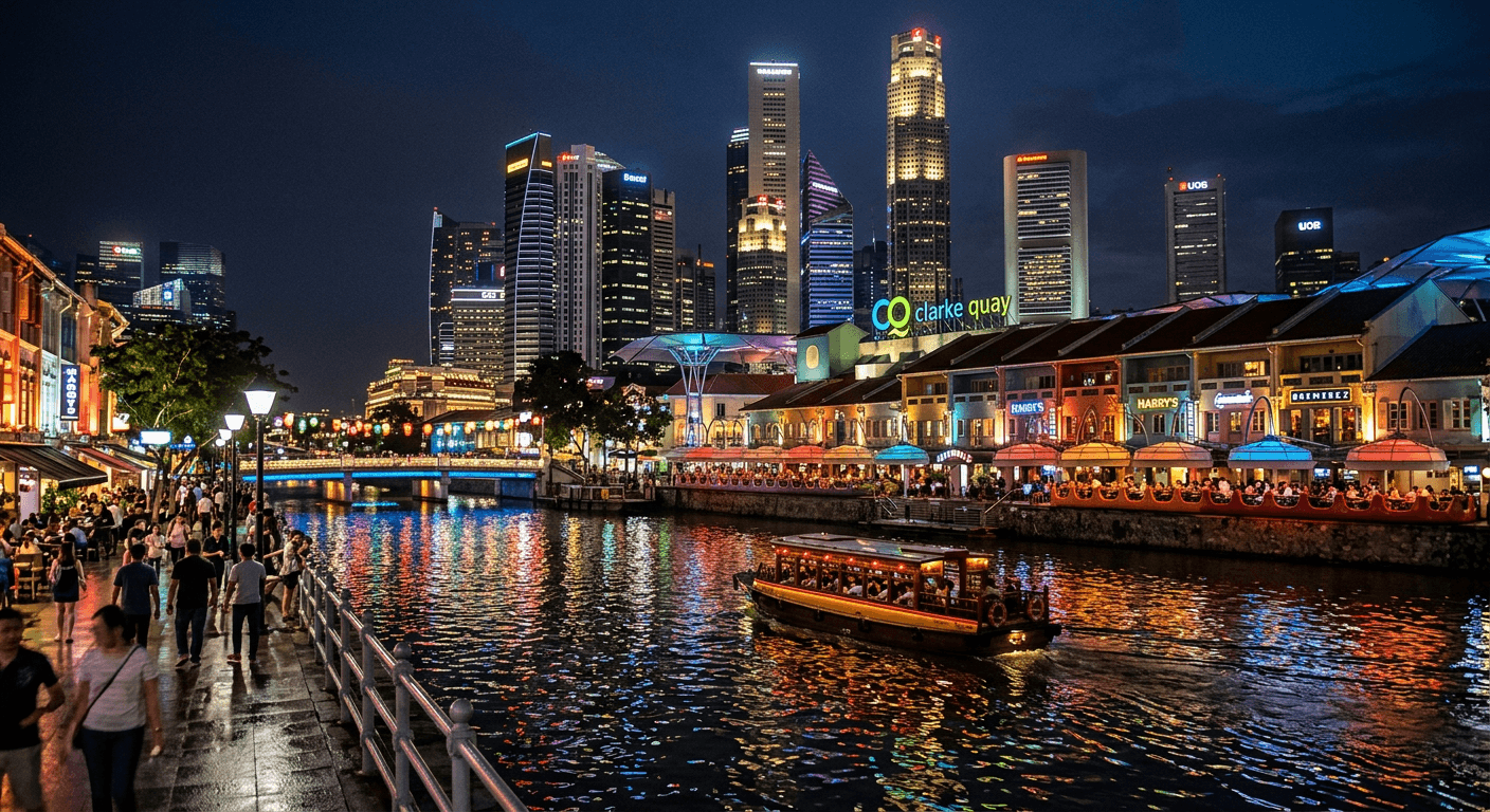 Clarke Quay riverfront restaurants lit up at night with a bumboat on the water