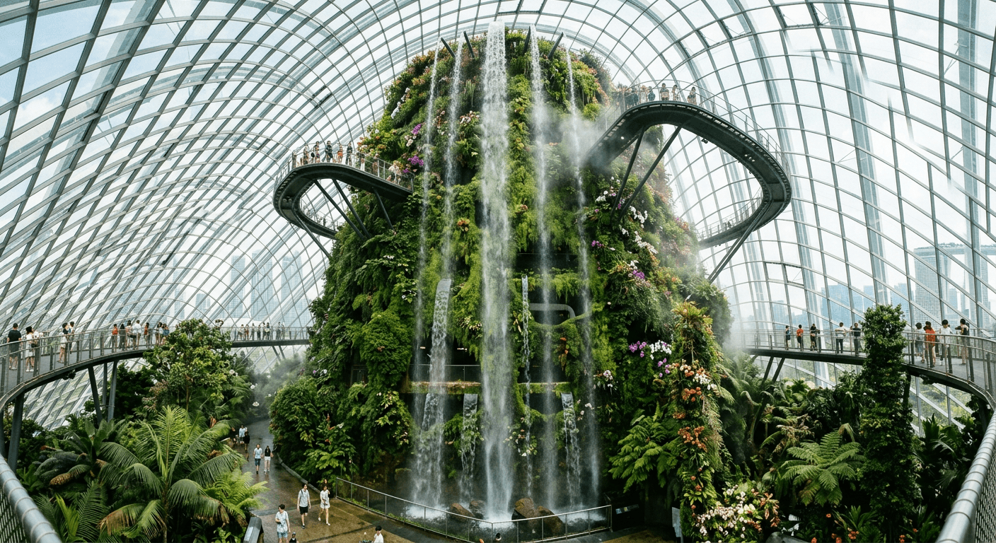 Misty indoor waterfall mountain covered in ferns and orchids inside the Cloud Forest dome