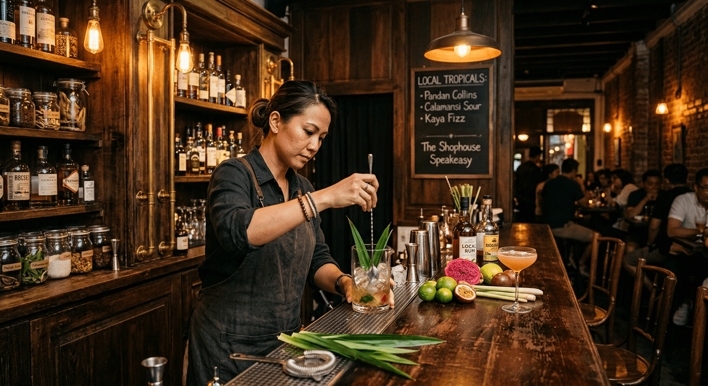 Bartender preparing a cocktail in a dimly lit speakeasy bar
