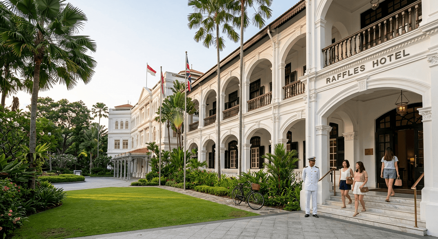 White colonial heritage hotel with arched verandahs and palm trees