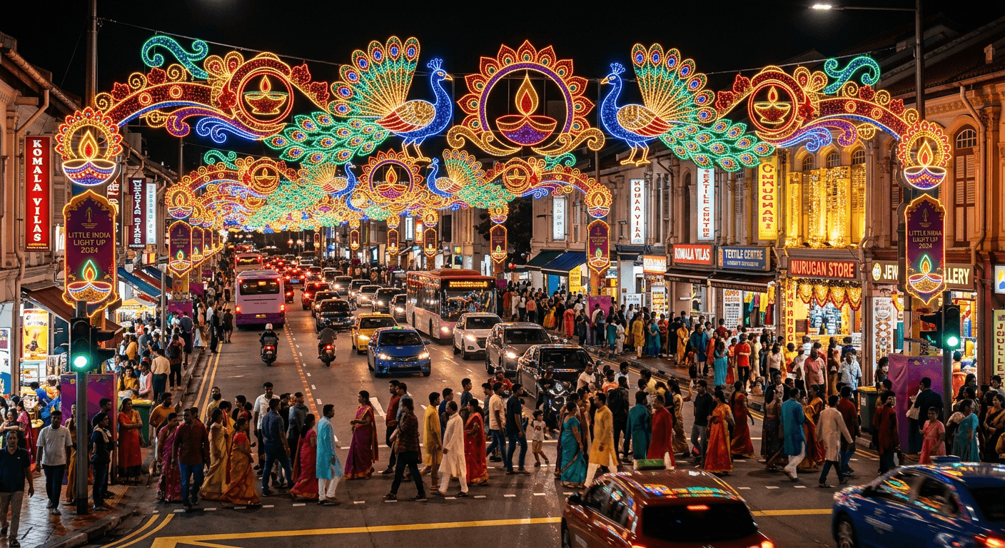 Glowing Deepavali light-up arches over Serangoon Road in Little India