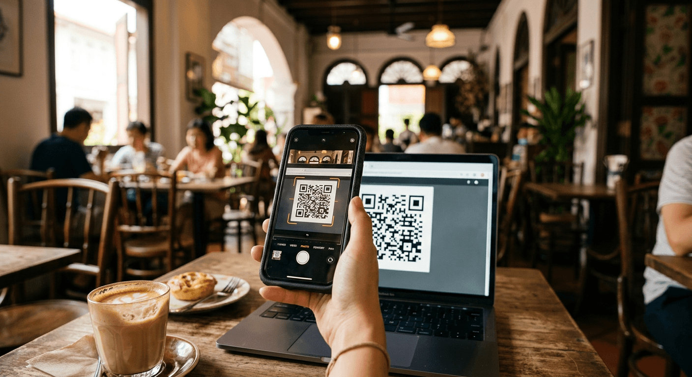 Visitor scanning an eSIM QR code on a phone at a Singapore cafe