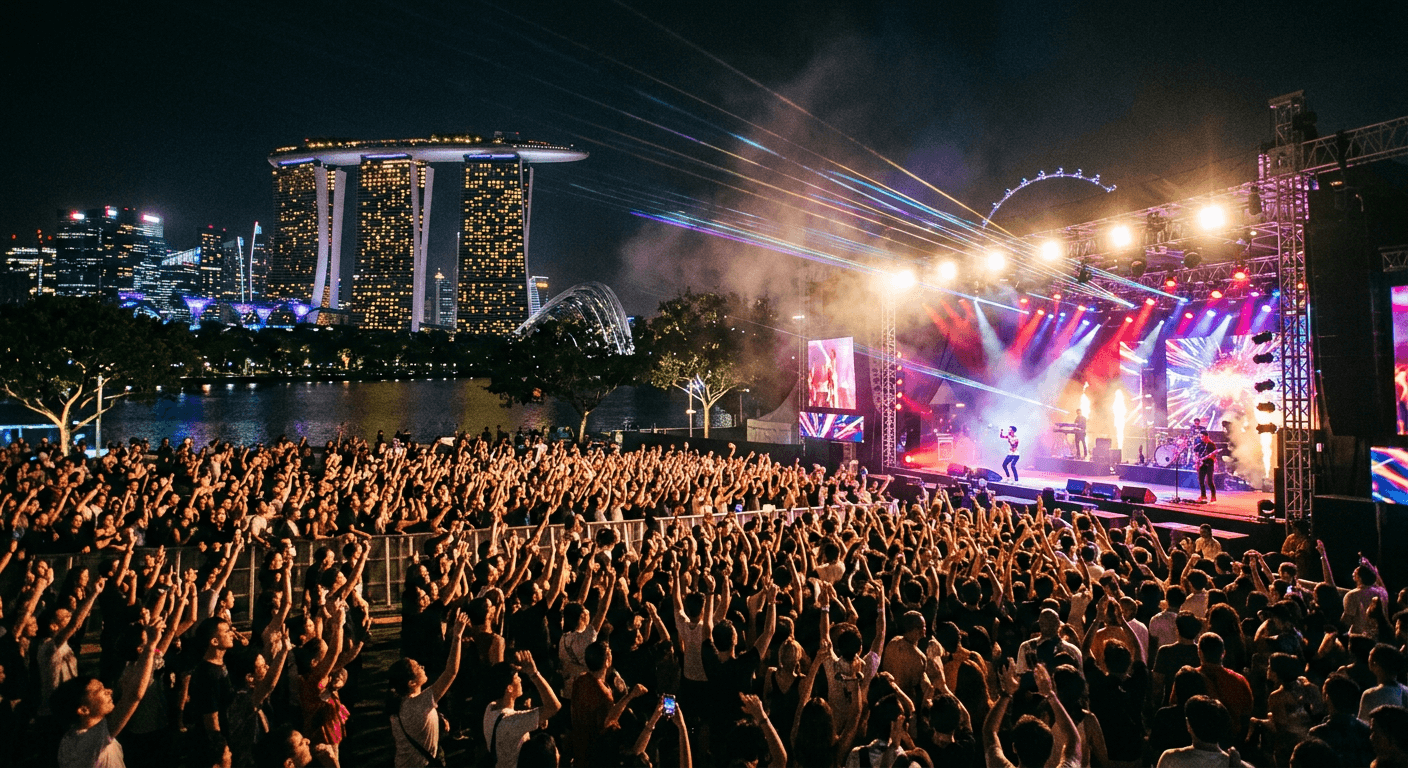 Crowd at an outdoor concert stage beside Marina Bay