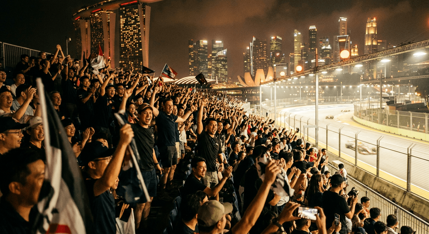 Fans in a grandstand watching the night race under floodlights