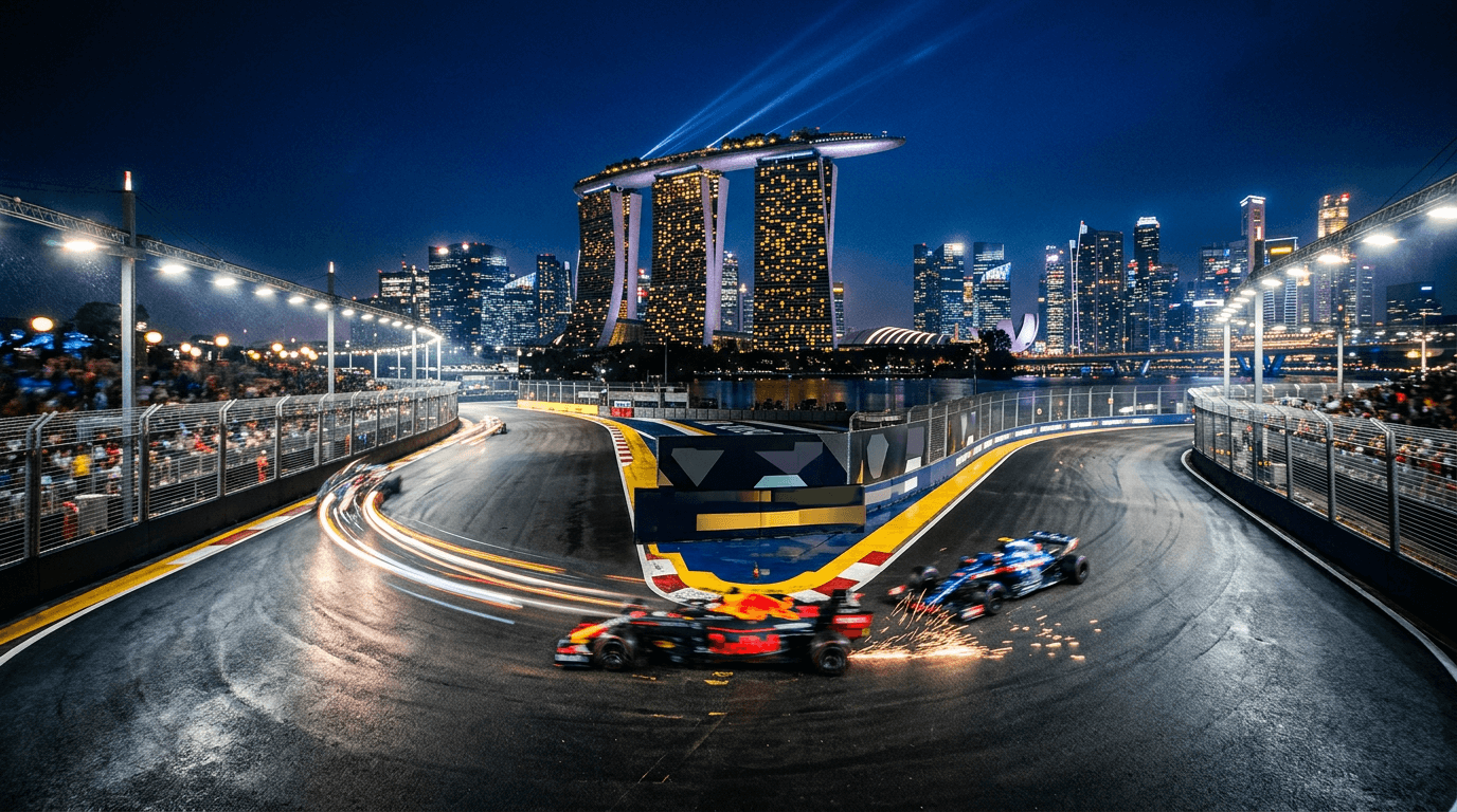 Formula 1 cars racing at night past the Marina Bay Sands skyline