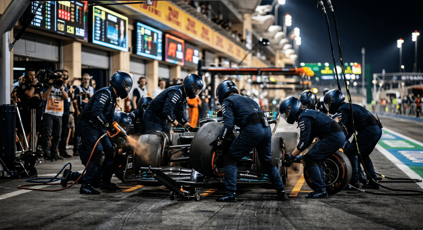 Mechanics performing a fast tyre change in the pit lane at night