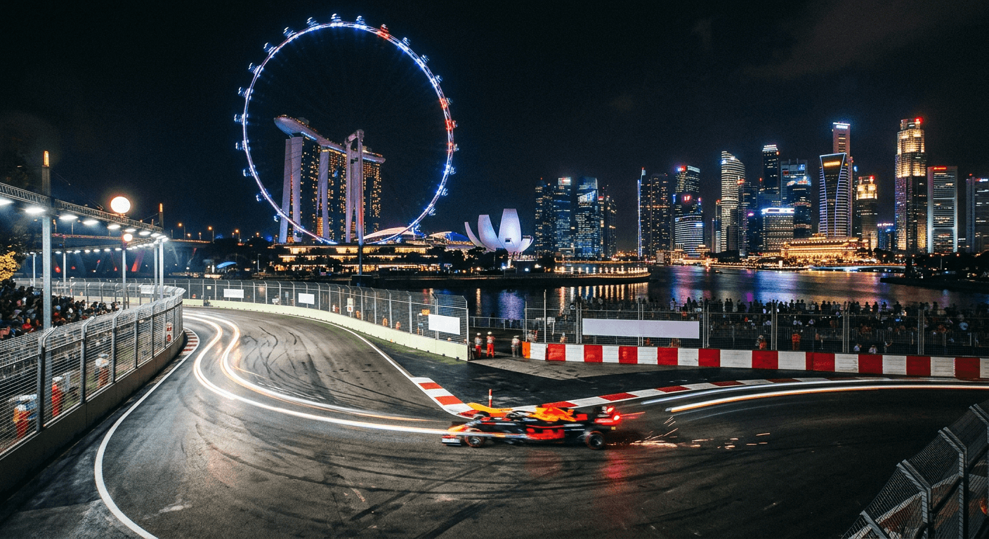 A Formula 1 car cornering beneath the Singapore Flyer at night