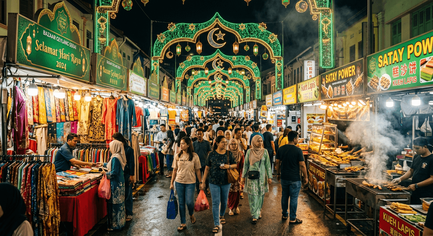 Hari Raya bazaar at Geylang Serai lit with green and gold lights
