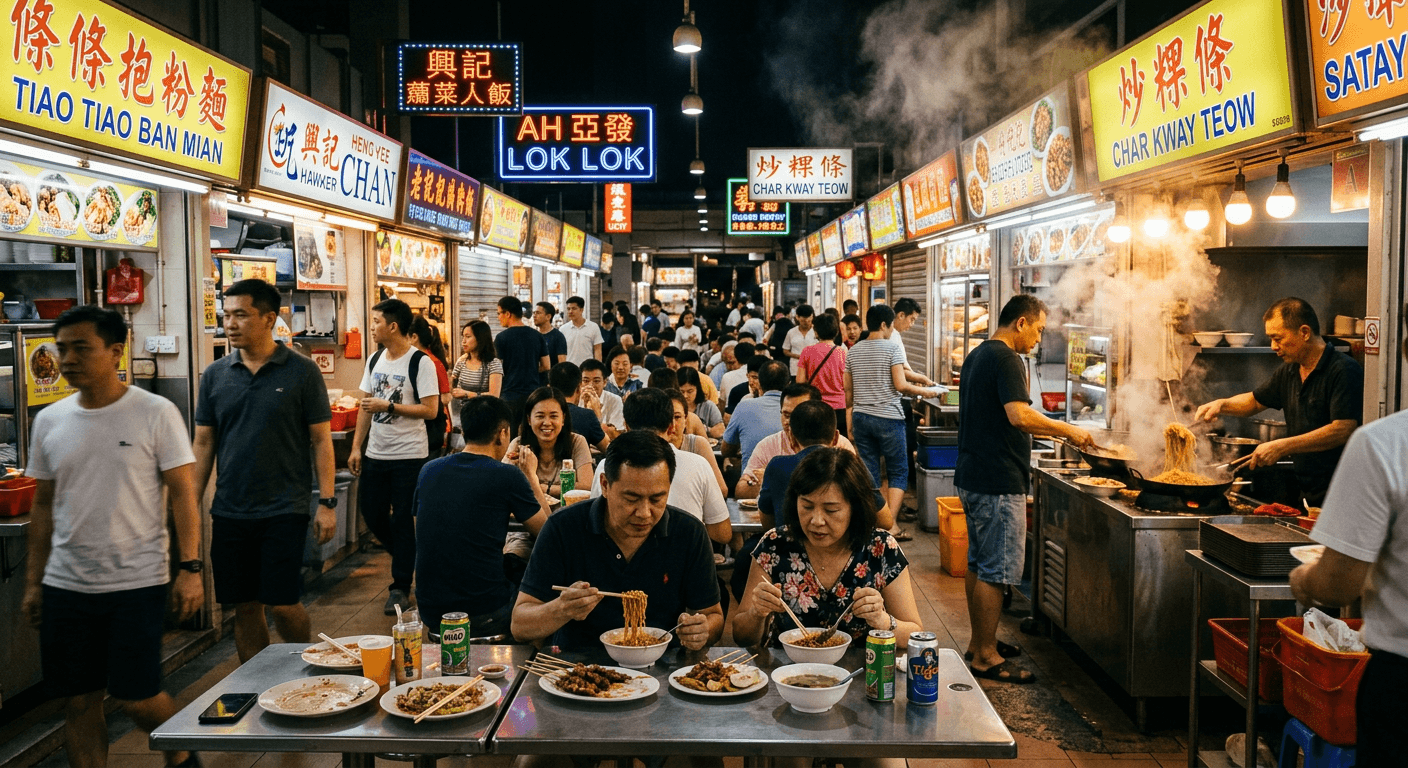 A busy hawker centre at night with steaming woks and diners