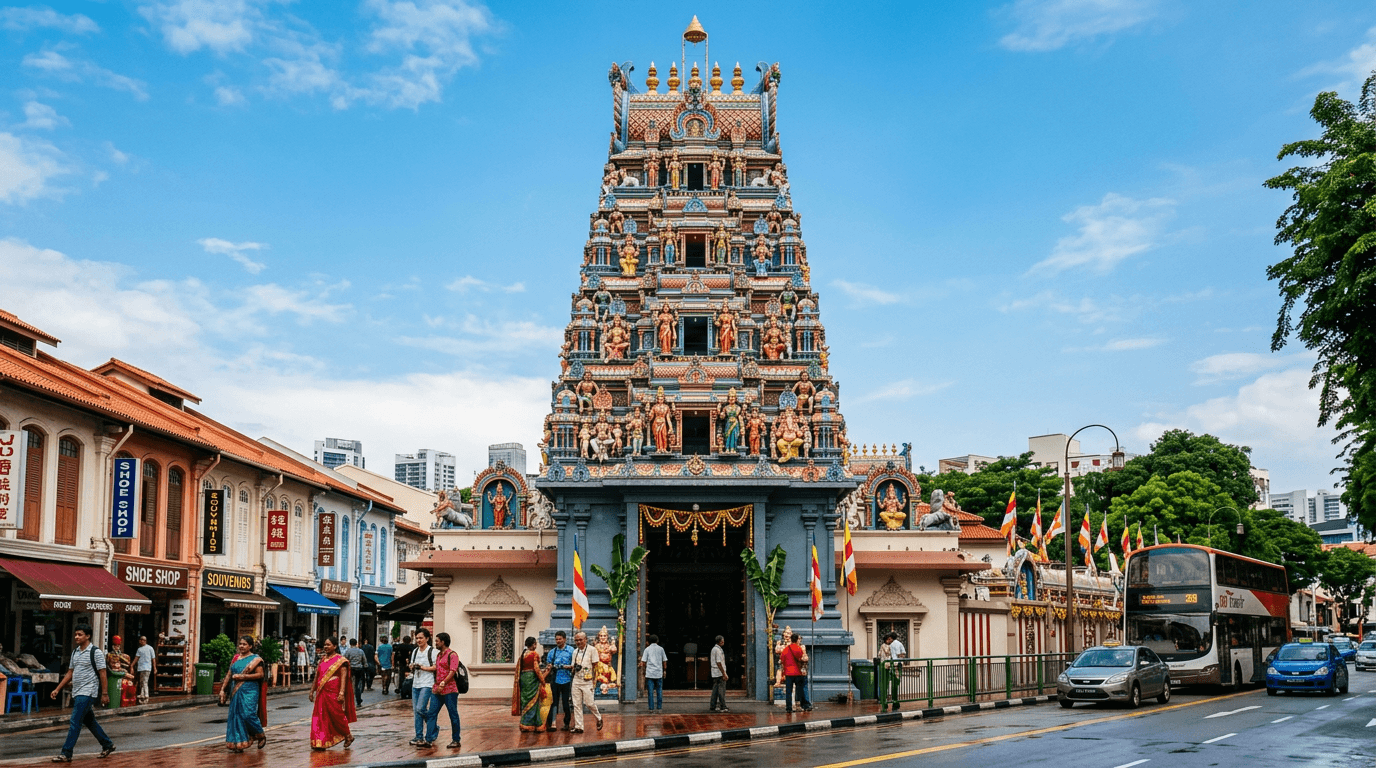 Colourful gopuram tower of a Hindu temple in Chinatown with intricate sculptures