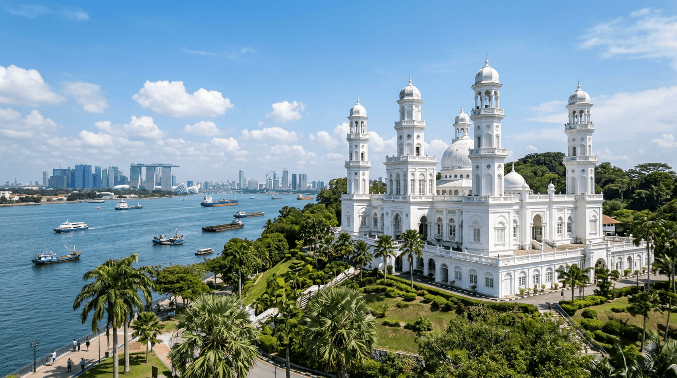 White Victorian-Moorish mosque in Johor Bahru overlooking the Straits of Johor