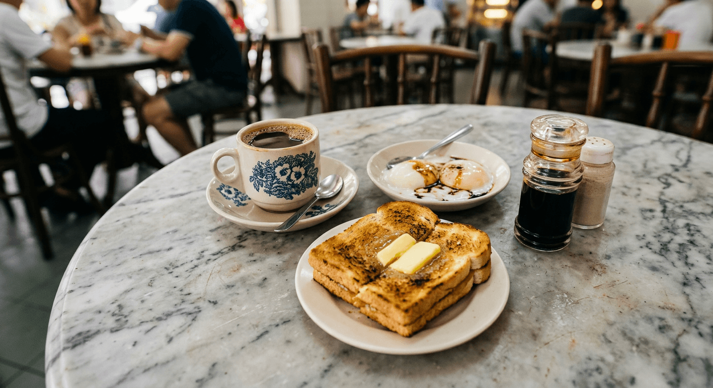 Kaya toast, soft-boiled eggs and kopi coffee on a marble table