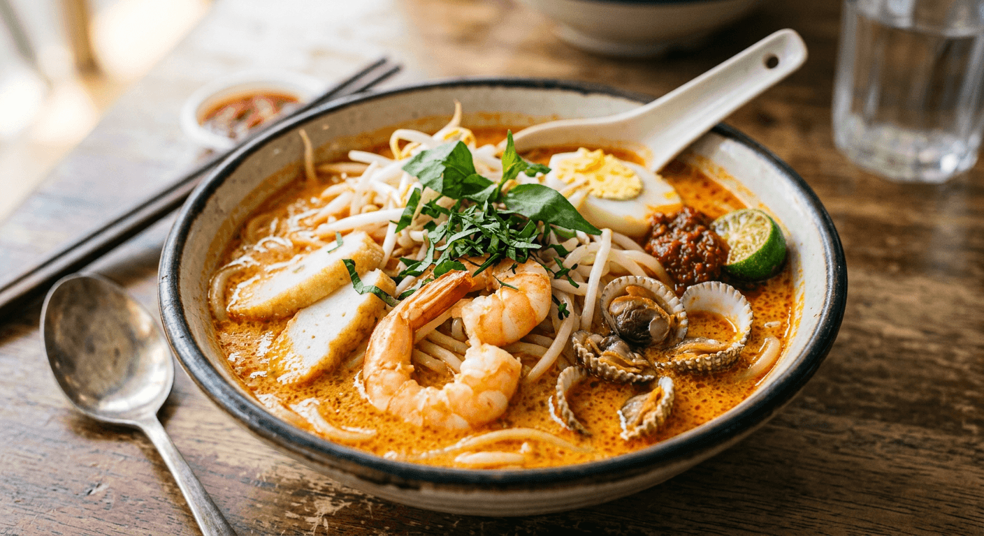 Bowl of Singapore laksa with prawns and fish cake in coconut broth