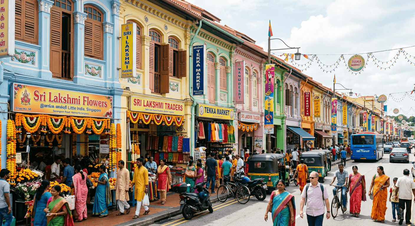 Colourful pastel shophouses in Little India