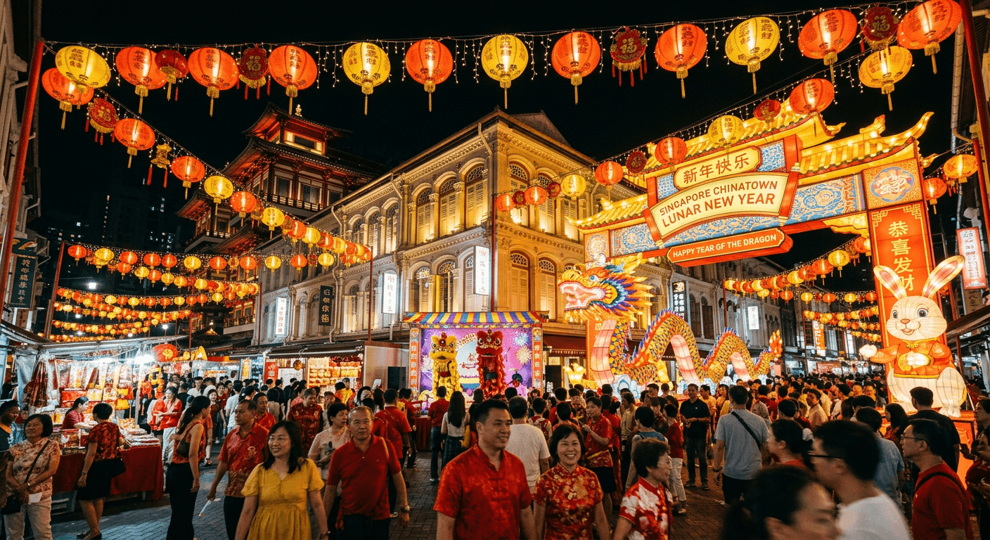 Red and gold lanterns lighting up Chinatown at night during Chinese New Year