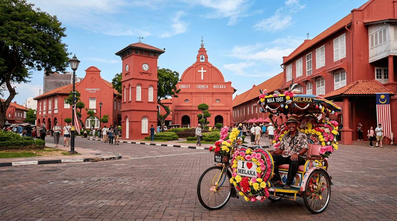 Red Dutch colonial buildings in Malacca with a decorated trishaw