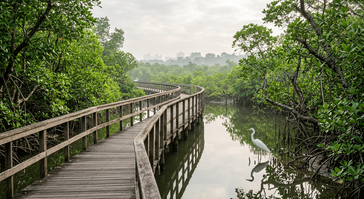 Wooden boardwalk through mangrove wetlands with a heron in the shallows