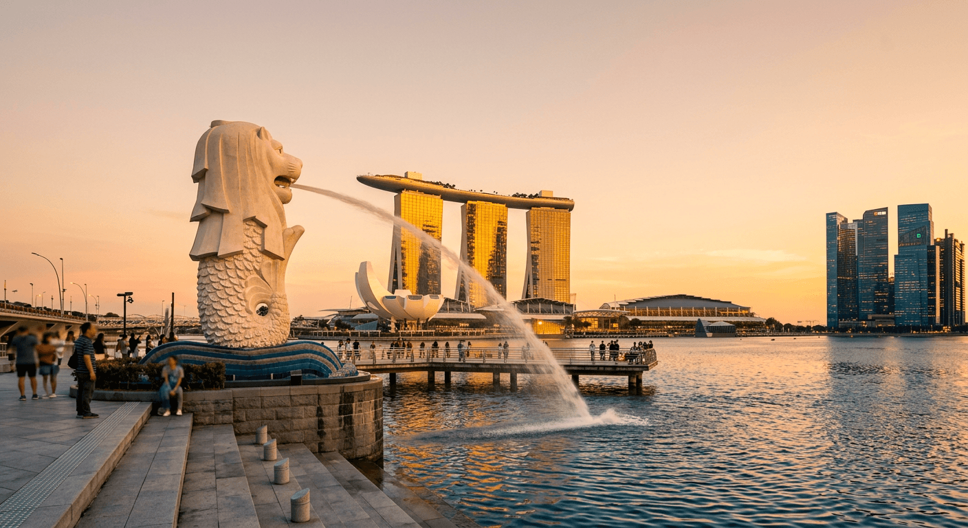 The Merlion statue spouting water with Marina Bay Sands behind