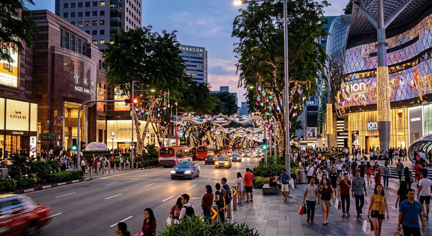 Orchard Road lined with trees and shopping malls at dusk