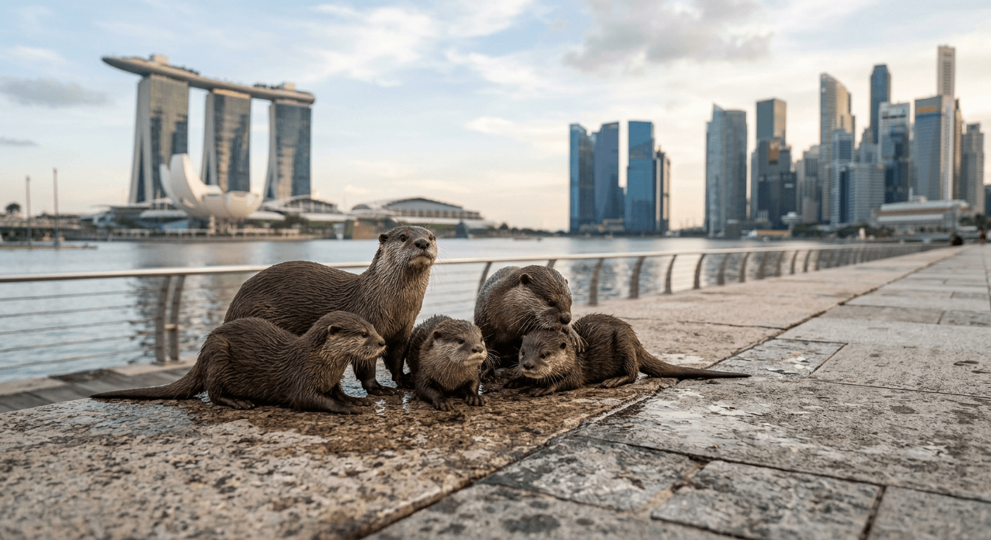 Family of smooth-coated otters on a waterfront with city buildings behind