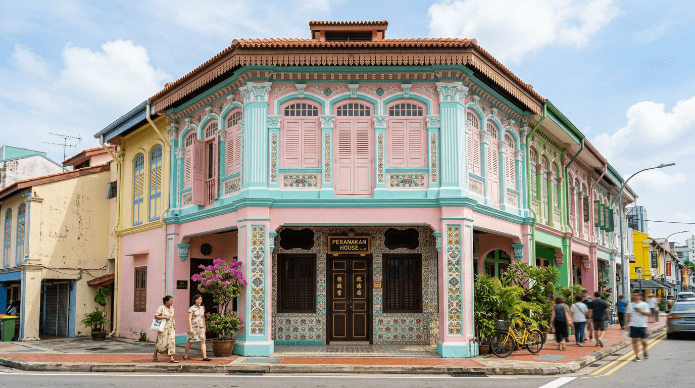 Pastel pink and turquoise Peranakan terrace house with ornate tiles
