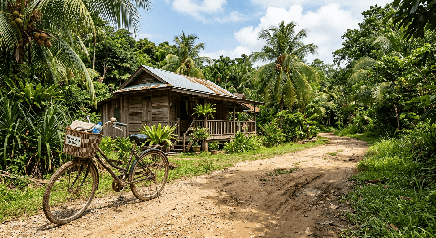 Dirt cycling trail on Pulau Ubin with a bicycle and a kampung house