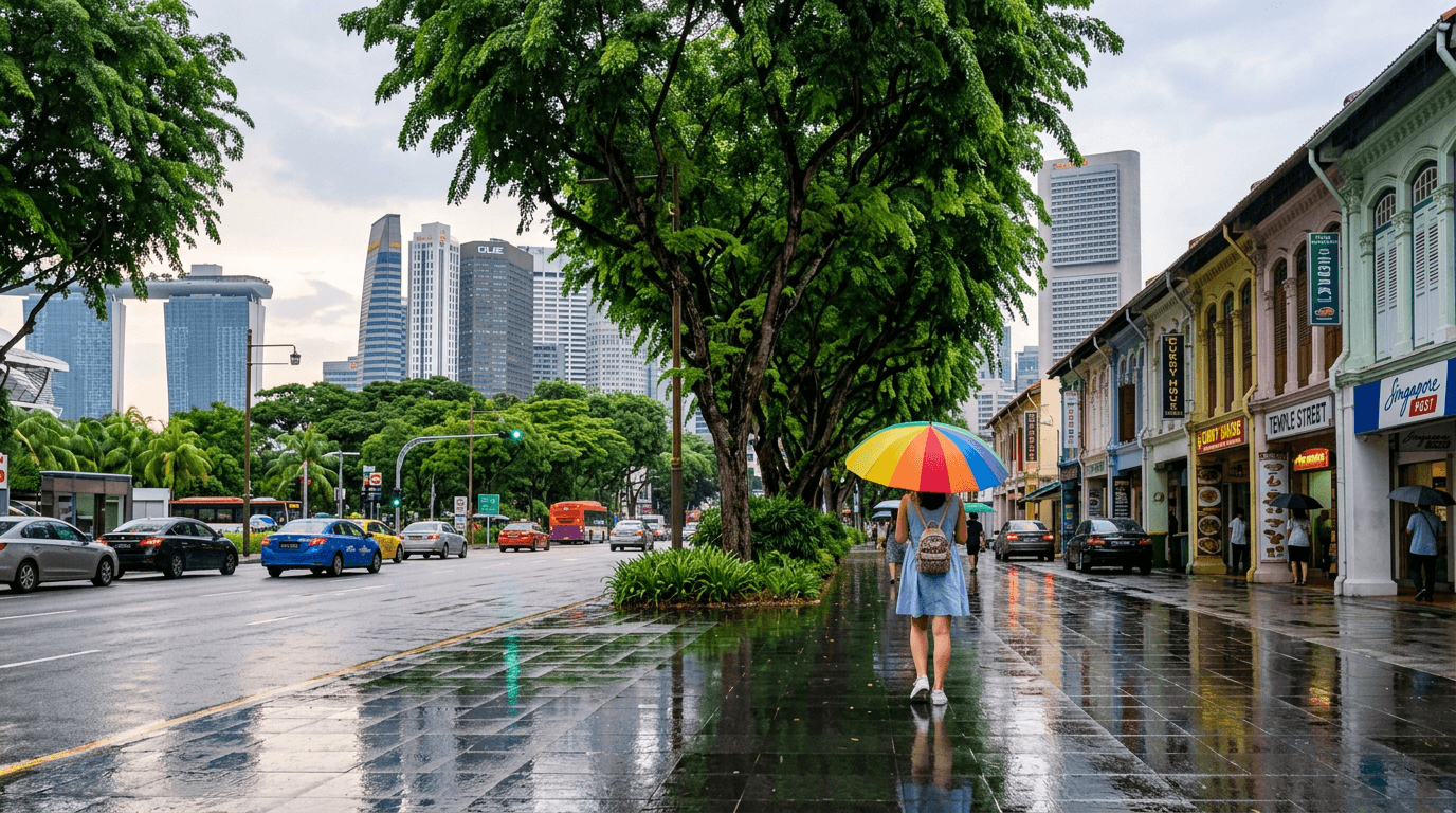 Traveller with a colourful umbrella walking along a tree-lined Singapore street after rain
