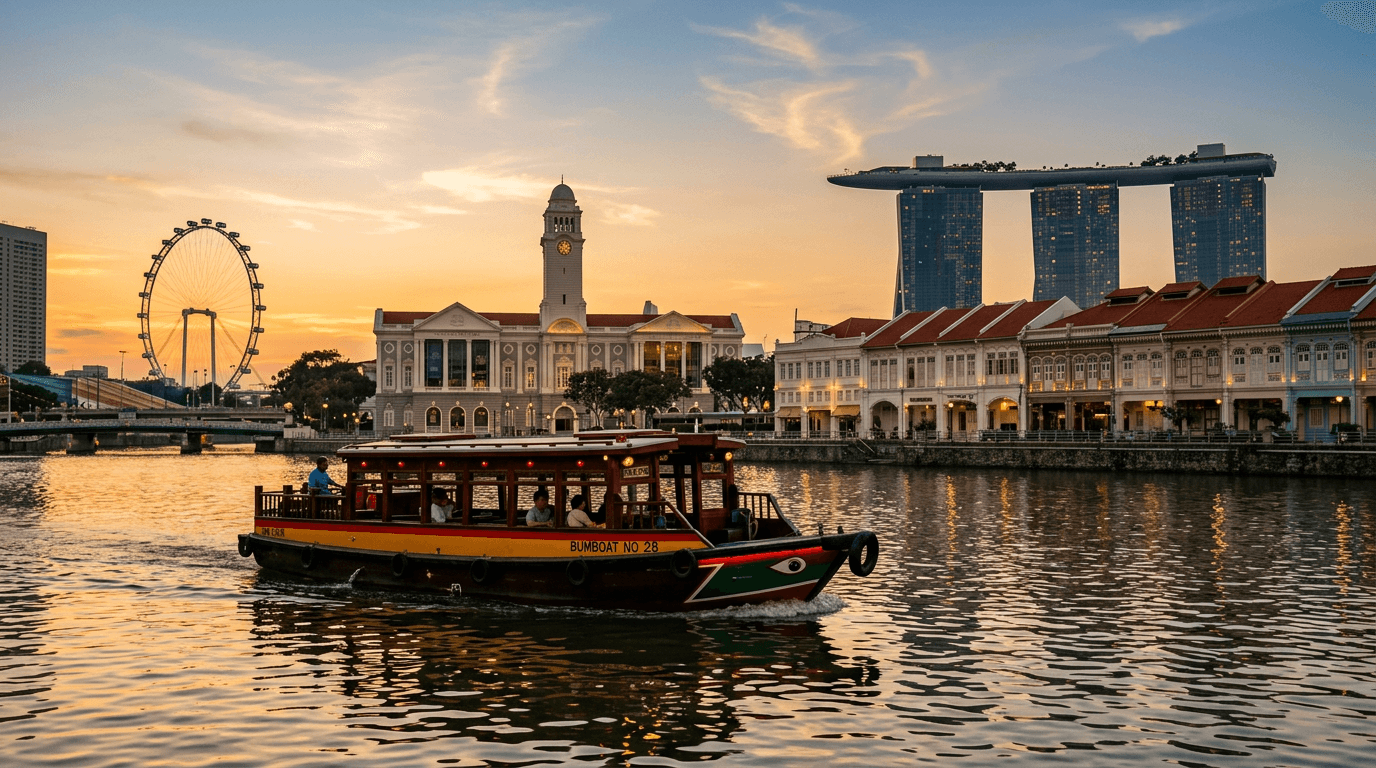 Traditional bumboat cruising the Singapore River at golden hour