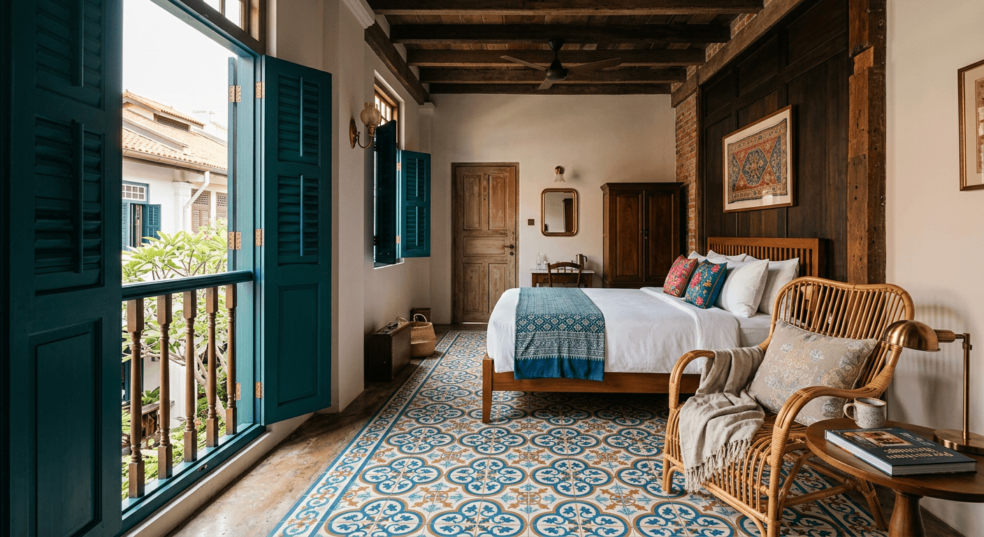 Boutique hotel room in a Peranakan shophouse with patterned floor tiles and teal shutters