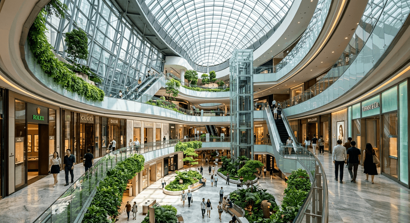Bright multi-level shopping mall atrium with greenery in Singapore