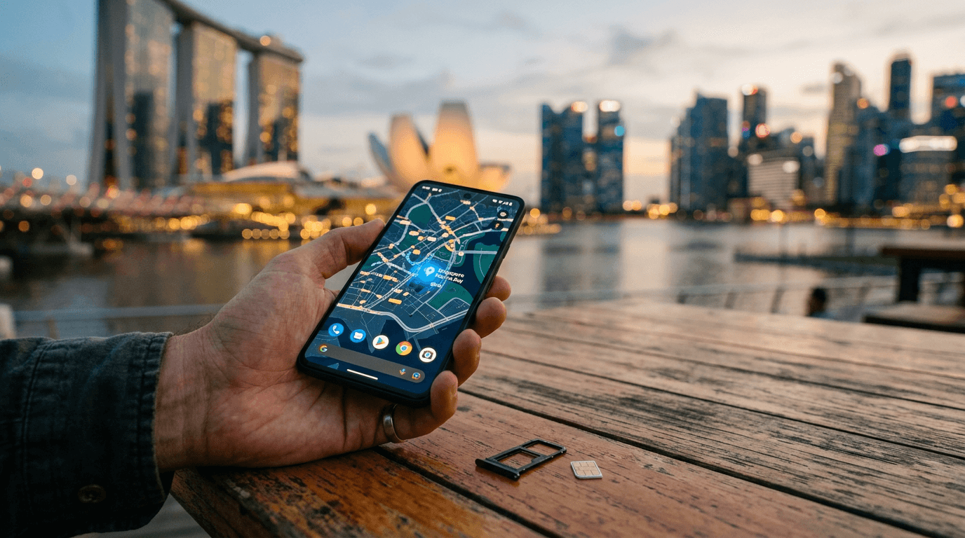 Traveller holding a smartphone with a SIM card in front of the Singapore skyline