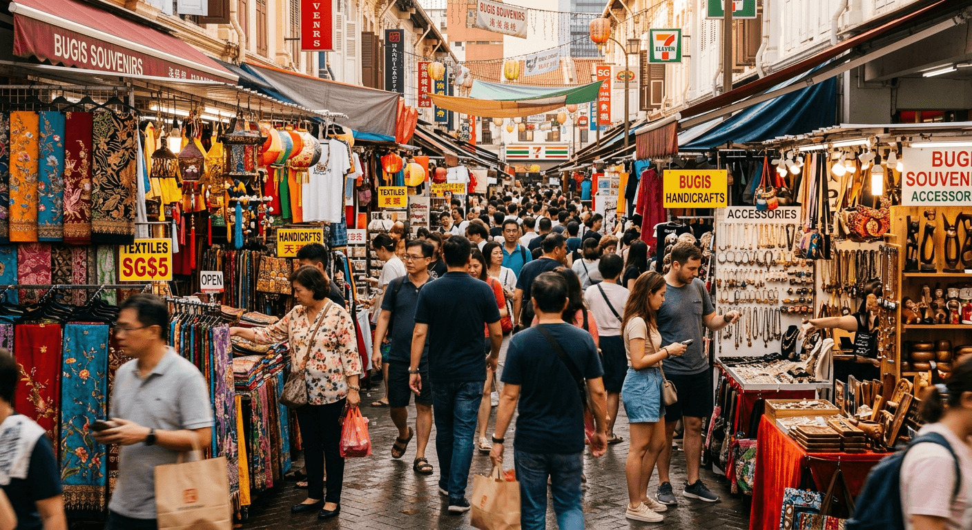 Busy street market stalls selling souvenirs and textiles at Bugis