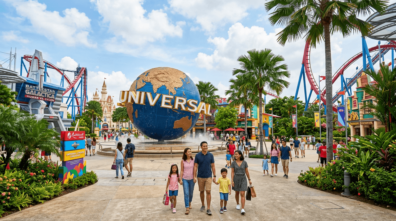 Colourful tropical theme park on Sentosa with a giant rotating globe