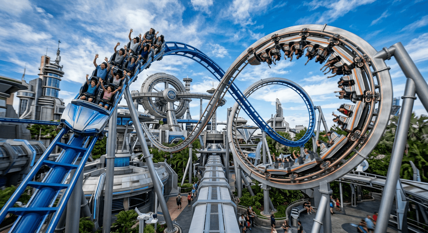 Dueling roller coasters twisting through the futuristic Sci-Fi City zone