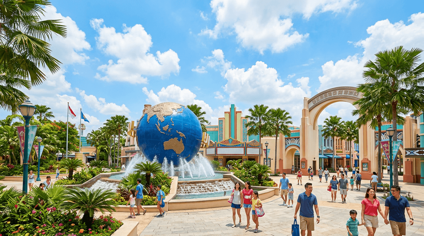 The giant Universal Globe fountain at the entrance to Universal Studios Singapore